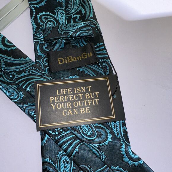 New DiBanGu Tie (58L 3W) Silk Necktie. Black Teal Men’s Paisley Print - Picture 6 of 7
